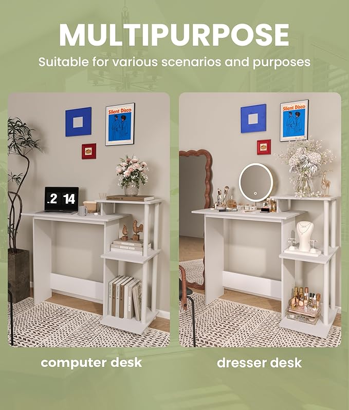 Small White Computer Desk Gaming Table Desk with Printer Desk Thin Table for Home Office Study Room