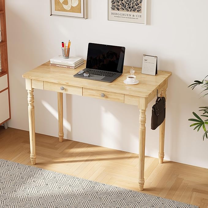 Solid Wood Desk with Drawers - 40 Inch Writing Desk with Drawers Mid Century Modern Desk with 2 Hooks Rubber Wood Study Table for Bedroom Living Room &amp Office Natural Boho Desks