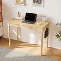 Solid Wood Desk with Drawers - 40 Inch Writing Desk with Drawers Mid Century Modern Desk with 2 Hooks Rubber Wood Study Table for Bedroom Living Room &amp Office Natural Boho Desks