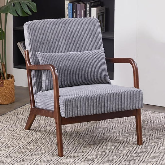 Mid Century Modern Accent Chair Upholstered Corduroy Armchair with Lumbar Pillow Solid Rubberwood Frame for Living Room Bedroom Waiting RoomDark Grey