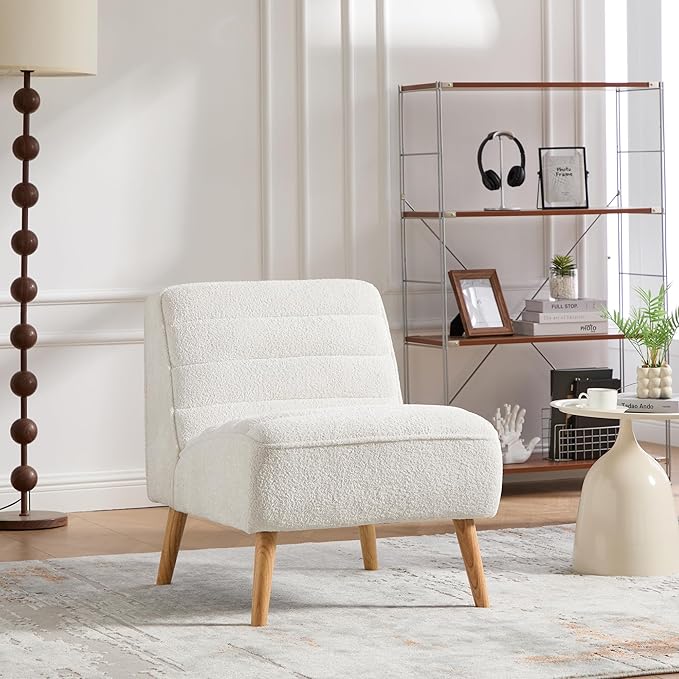 GDFStudio 24.4 Wide Modern Accent Chair Armless Upholstered Lounge Chair with Chenille Fabric &amp Rubber Wood Legs Compact Space-Saving Design for Living Room Bedroom Office - Ivory