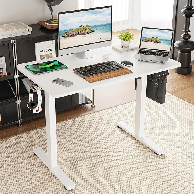 Standing Desk 40x24 Inch Sit Stand Desk Electric Height Adjustable Home Office Desks with Splice Board Ergonomic Rising Modern Lift Motorized Gaming Desktop Workstation (White)