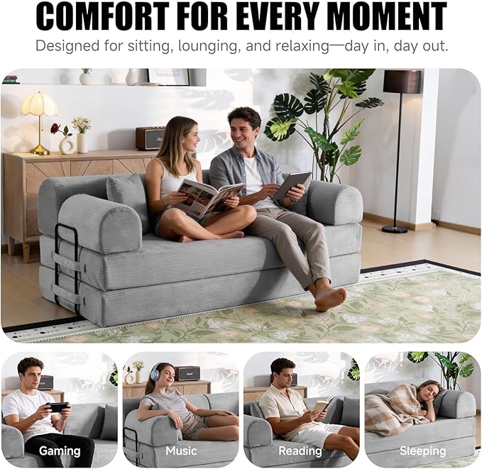 78.8 Boneless Memory Foam Couch Corduroy Convertible Floor Sofa Bed Fold-Out Sleeper Futon Loveseat Wide Armrests &amp Supportive Back 1200 lb Couch in a Box 2 Pillows Light Grey