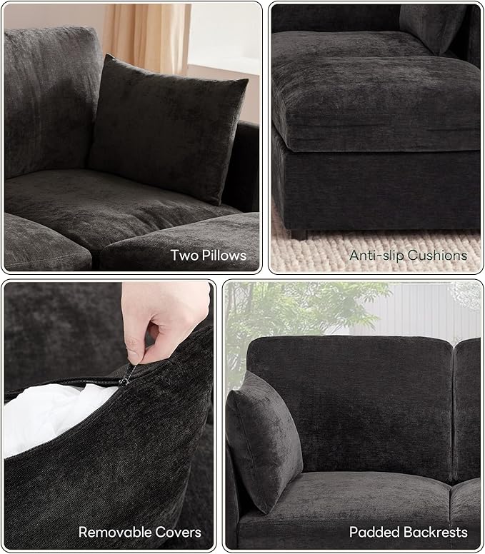Sectional Cloud Couch for Living Room Spring Cushion Seating L Shaped Convertible Modular Sofa with Ottoman Black | Movable Balanced Comfort Soft-Strong Chenille Apartment-Friendly