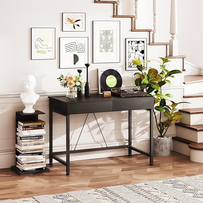 Mexin Small Black Desk with 2 Wooden Drawers 40 Inch Home Office Writing Desk Black Vanity Desk with Storage Computer Desk for Bedroom Small Spaces Table for Office Work Kids Study Makeup