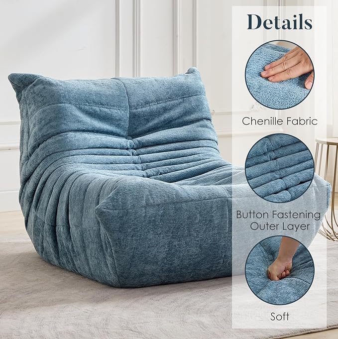 Bean Bag Chair for Adults and Kids Lazy Accent Chair Sofa Couch in Chenille Mid Century Modern Side Chair for Bedroom Office Apartment Gaming Venue Green