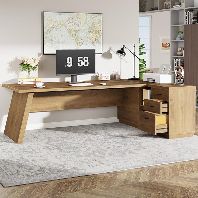 Tribesigns 78 L-Shaped Executive Desk Large Modern Office Desk with Drawers and Lateral File Cabinet Business Furniture with Storage Shelves Big Computer Table for Home Office (Brown)