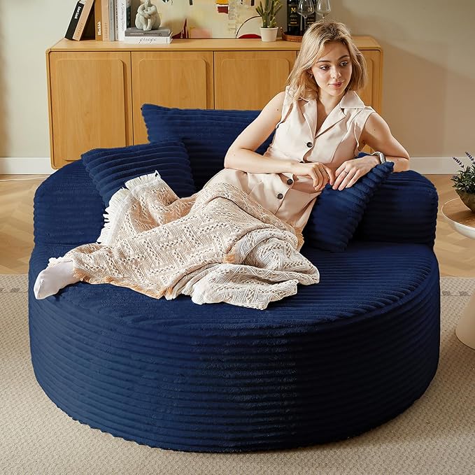 55'' Oversized Round Chair Lounge Chaise Indoor Cloud Boneless Large Circle Chair with Plush Corduroy No Assembly Required Fluffy Modern Sleeper Sofa Bed for Reading Living Room Bedroom(Blue)