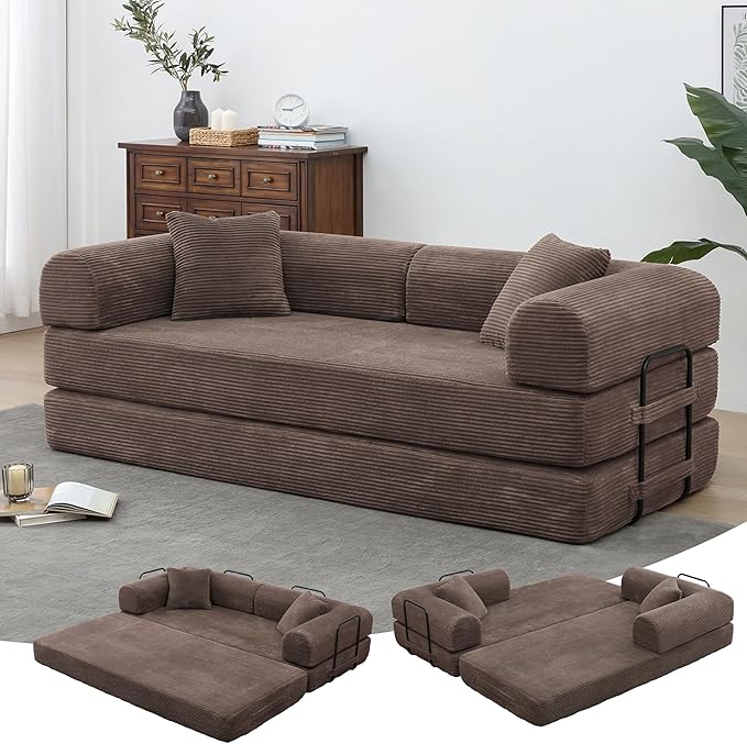 Convertible Folding Sofa BedFold Out Floor Sofa Couch with Fixed-Shape FrameCorduroy Foldable Mattress Cloud Couch for Living Room Bedroom (Brown 78 Inch)