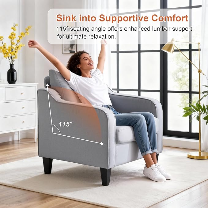Accent Chairs Set of 2 Gray Mid Century Modern Arm Chair Fine Linen Fabric Upholstered Armchair with Scooped Arms Comfy Reading Chair for Living Room Bedroom Office Apartment