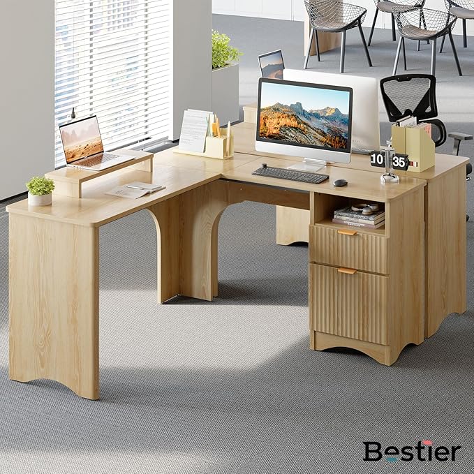 Bestier L Shaped Desk with File Drawer 55.7 x 55 Office Computer Desk with Round Corners Modern Desk with Monitor Stand &amp Fluted Panels for Home Office Natural Oak