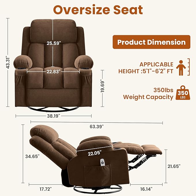 Massage Recliner Chair with Vibration Massage and Lumbar Heating for Living Room Swivel Rocker Recliners Single Sofa with Side Pocket &amp 2 Cup Holders Soft Comfort Ergonomic Design (Brown)