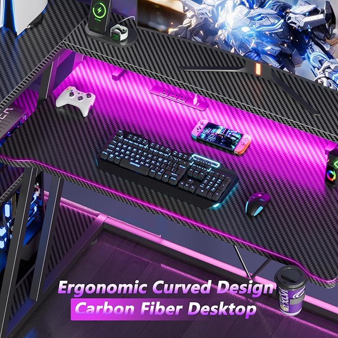 55 Inch Gaming Desk with Power Outlet &amp LED Lights L Shaped Gamer Computer Table with Storage Shelves for Bedroom Corner Home Office Desk Carbon Fiber Black