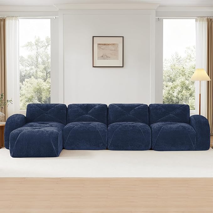 KEIKI 141 L-Shaped Velvet Modular Sectional Sofa with High-Density Foam Cushion &amp 4 Pillow &amp 1 Ottoman Compressed Boneless 4-Seater Tufted Couch No Assembly Required for Living Room Blue