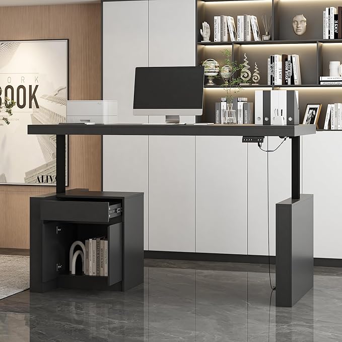 Electric Standing Desk 29.5-44.1 Height Adjustable Computer Desk with Drawer and Storage Cabinet Memory Study Writing Gaming Table for Home Office Black