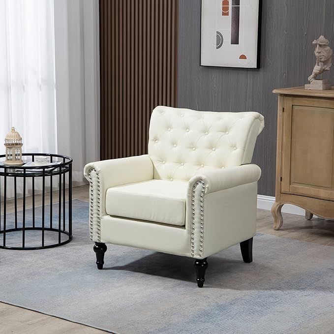 Generic Mid Century Modern Accent Chair Linen Armchair wTufted BackWood Legs Upholstered Lounge Arm Chair Single Sofa for Living Room Bedroom Beige