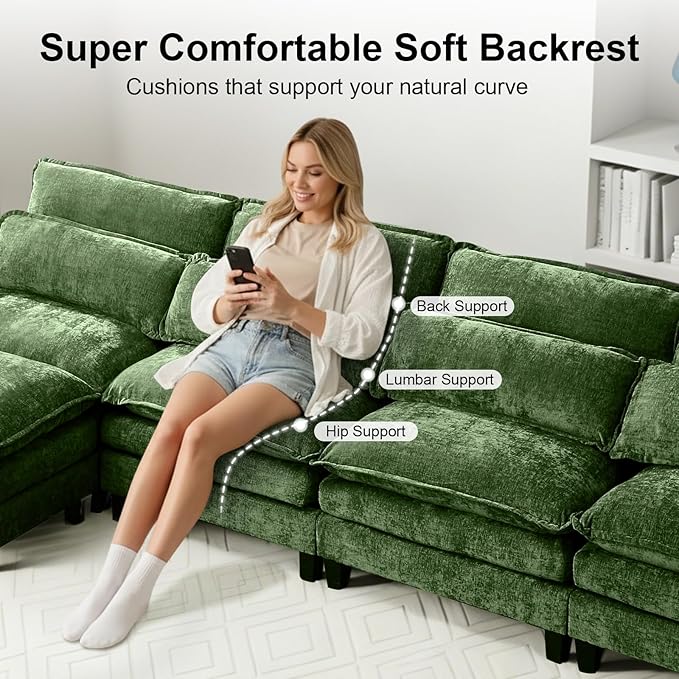 148'' Modular Sectional SofaL Shaped Couch with Movable Ottoman Comfy Cloud Sofa with Deep Seat 4 Seat Convertible Sectional Couches for Living Room with USB Charging &amp Side Pockets(Green)