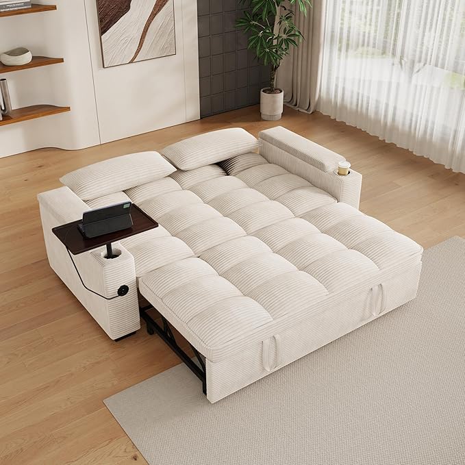65 Sofa Bed Loveseat 3-in-1 Sleeper Sofa with Pull Out Bed 360° Swivel Side Table and USB 2 Seater Convertible Small Couch for Living Room Apartment (Beige Corduroy)