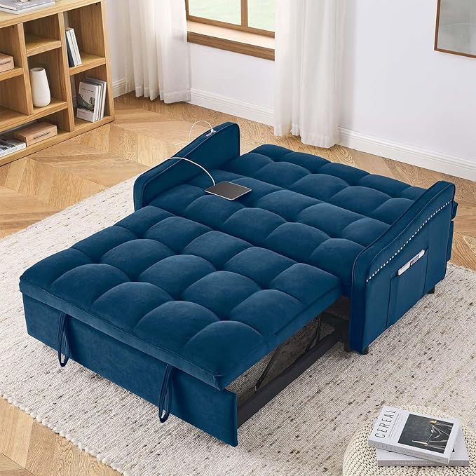 Antetek 3 in 1 Sleeper Sofa Couch Bed with USB &amp Type C Port 52 Small Modern Convertible Tufted Velvet Loveseat Sofa w/Pull Out Bed for Living Room Small Space Apartment Blue