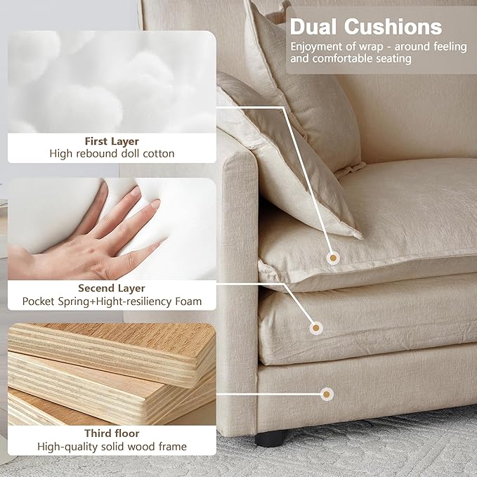 Modular Sectional Sofa 76.7 Inch L-Shaped Cloud Sofa with Deep Seat Comfortable Chenille Sofa with Cushion Double Sectional Sofa for Living Room ApartmentLight Coffee
