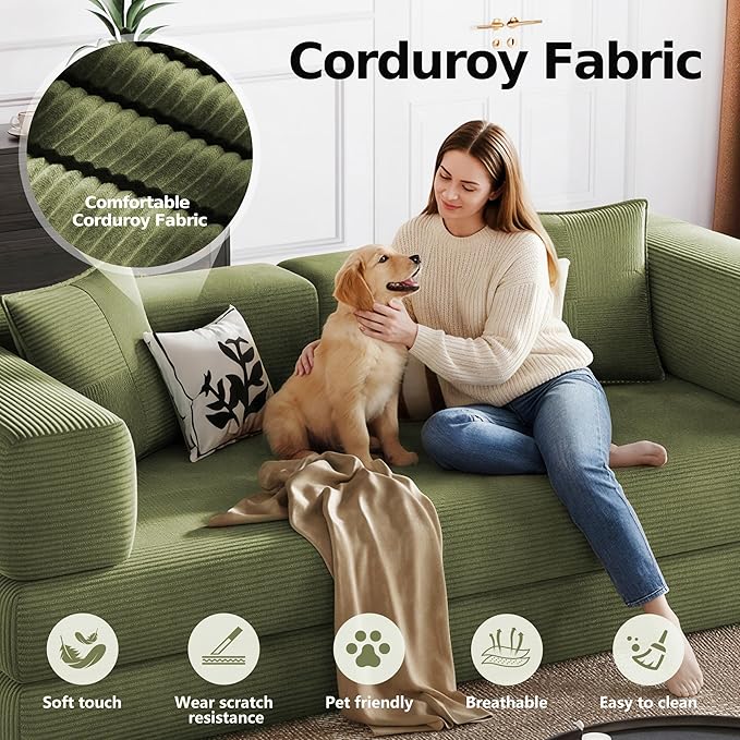 78.8 Boneless Sleeper Sofa BedConvertible Futon Couch with Storage Pocket and 2 PillowsModular Corduroy Sofa for livingroomSmall speaceGreen