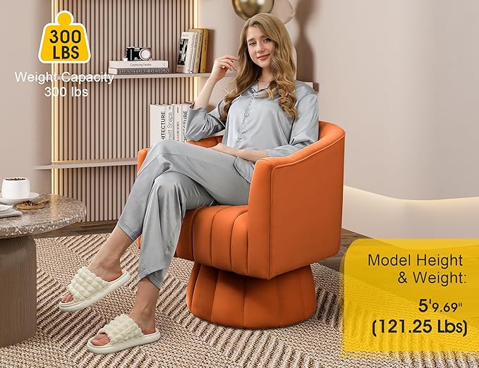 Accent Chair Mid Century 360 Degree Swivel ChairModern Lounge Sofa Round Barrel Chair with Wide UpholsteredFluffy Velvet Fabric Chairs for Home Sofa Living Room/Bedroom/Waiting Room (Orange)