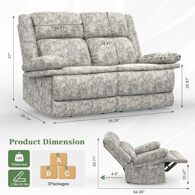Loveseat Recliner Sofa 2 Seater Love Seat Reclining Sofa with USB Charge Ports &amp Cell Phone Holders 58Inch RV Dual Recliner Sofa Manual Couches for Living Room (Polished Microfiber)