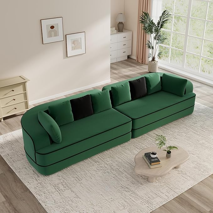 134.7 Contrast Color Boneless Sectional Couch Teddy Fabric Foam Cloud Sofa Deep Seat Wide Arm Modular Sectional Sofa with Chaise No Assembly Required