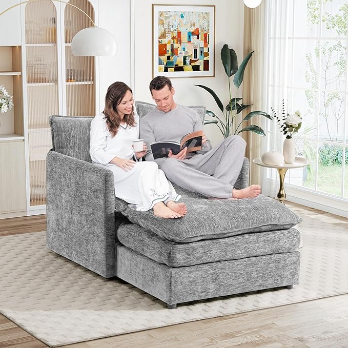 Oversized Chaise Lounge Chair Indoor Modern Comfy Chenille Cloud Accent Chair and A Half with Ottoman Single Deep Seat Sofa Couch Reading Armchair for Living Room Bedroom Apartment Light Gray