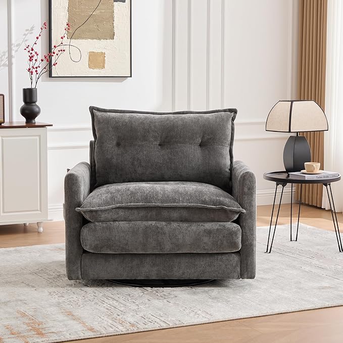 36.2” Swivel Accent Chair with Side Pockets Mid Century Modern Armchair with Solid Metal Base Comfy Single Sofa Chair 360 Degree Swivel Barrel Chairs for Living Room Bedroom (Gray)