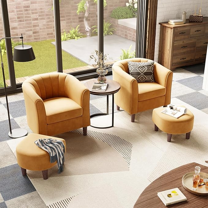 LINSY Accent Chair Set of 2 Velvet Barrel Chair with Ottoman Modern Comfy Small Armchair for Small Spaces Reading Room Living Room Bedroom Kids Room Office Yellow