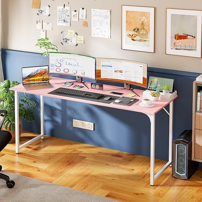Bigacc Computer Desk Office Desk with Metal Frame Adjustable Feet | Water-Resistant Scratchproof Surface | Sturdy Writing Table for Home Office or Study (Pink 63 Inch)