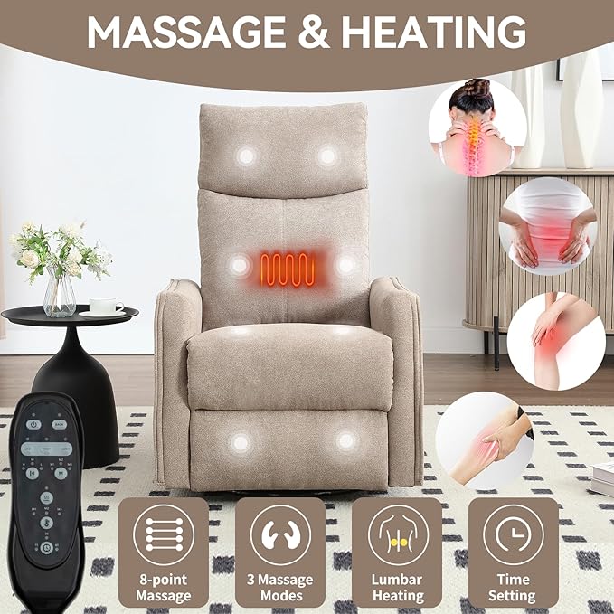 PELUMY 360 Swivel Rocking Recliner Chair for Adults Nursery Rocking Chair with Heat and Massage Glider Reclining Chair for Small Space Living Room Bedroom (Khaki)