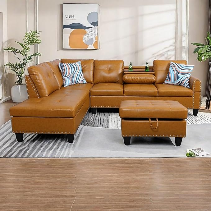 L Shaped Sectional Couches Convertible Lounge Leather Couch with Reversible Cup Holder Nail-Head Design Modern Modular Sectional Sofa for Living Room Furniture Sets Orange B
