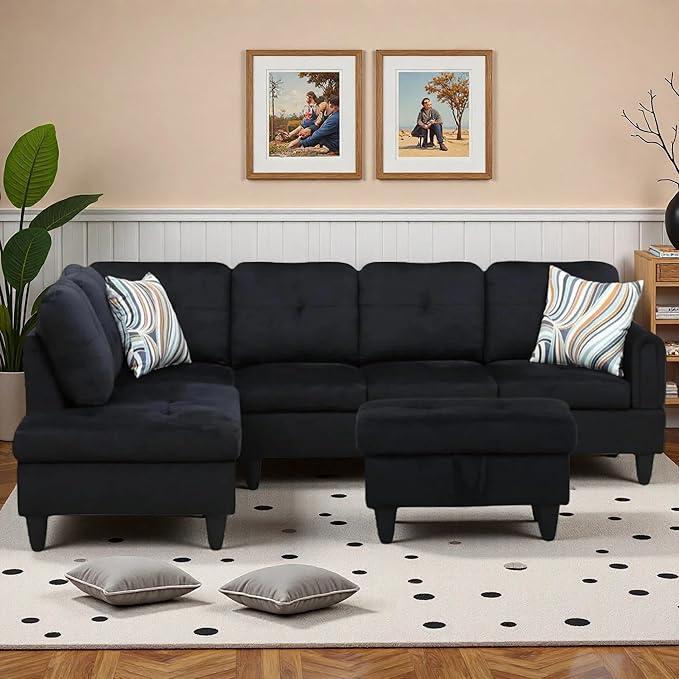 L-Shaped Sectional Sofa with Movable Chaise &amp Storage Ottoman Lounge 3-Piece Modular Convertible Couches for Living Room Apartment &amp Office Black