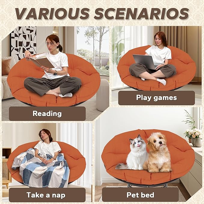46'' Large Size Papasan Chair (Non-Swivel) with Cushion and Frame Round Lazy Chair for Living Room and Bedroom Orange