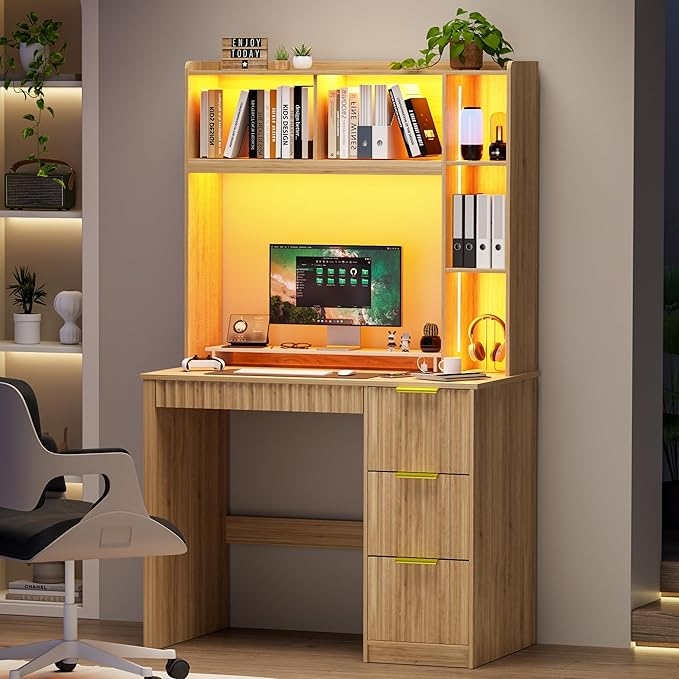 HNEBC Home Office Desk with Hutch and Drawers - 39 Standing Computer Desk with Charging Station&amp3 Color LightsHidden Compartment &amp Fluted Panel Design LED Writing Desk for Bedroom Study (N