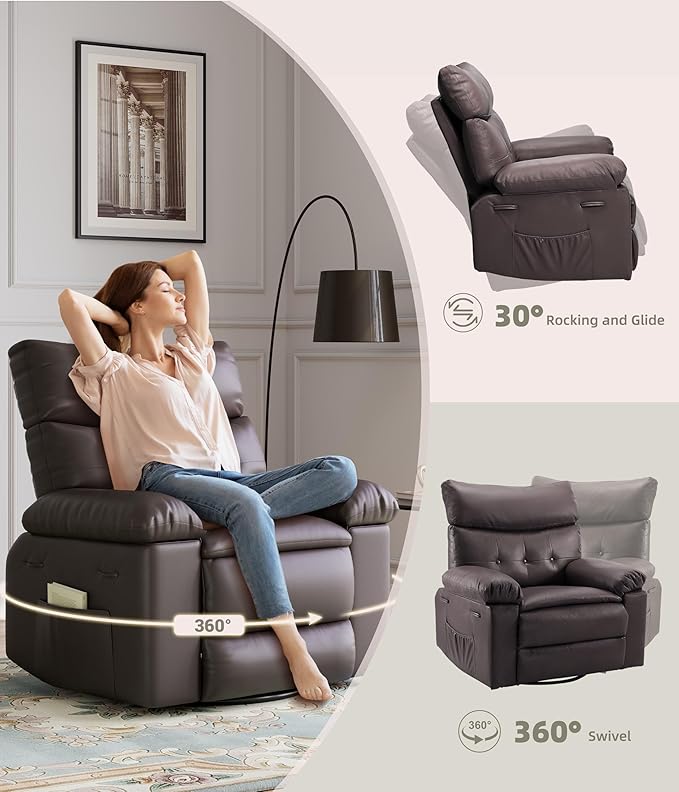 GarveeHome Oversized Wide Rocker Swivel Recliner Chair - PU Leather Manual Recliner for Adults Large Nursery Chair Lazy Recliner with Comfort Arm and Back for Living Room Bedroom