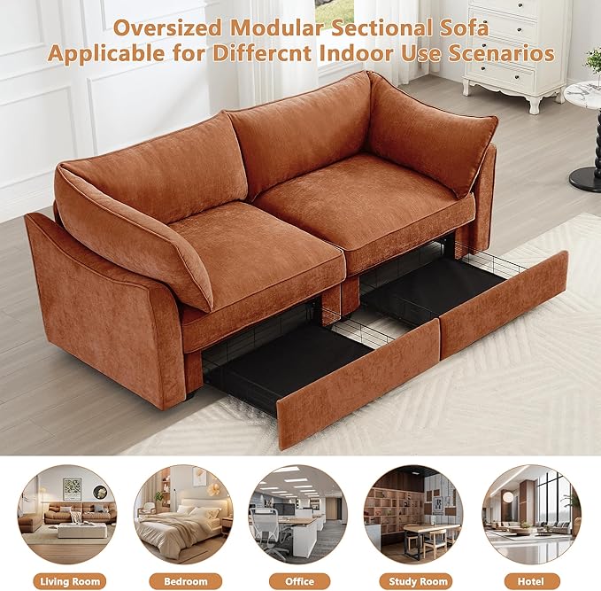 Modular Sectional Sofa with Pull Out Storage Drawers 78.7 Comfy Upholstered Chenille 2-Seat Sofa Oversized Deep Loveseat Couch 2 Armrest Pillows for Living Room Bedroom Apartment Orange