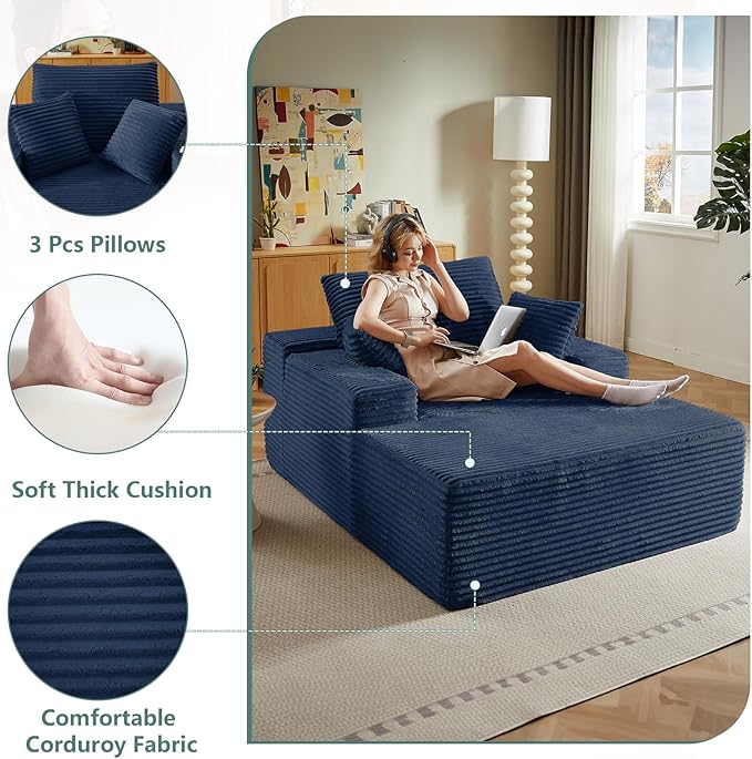 50 Oversized Chaise Lounge Chair IndoorCorduroy Boneless Reading Chair with 3 PillowsDeep Seat Cloud Sofa BedComfy Modern Sleeper Chairs in Box for Living Room BedroomNo Assembly(Blue)
