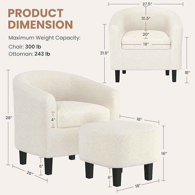 Yaheetech Accent Chair and Ottoman Set Mid Century Boucle Fabric Barrel Chair and Comfy Fabric Footrest for Living Room/Bedroom/Reading Room Ivory 2 PCS