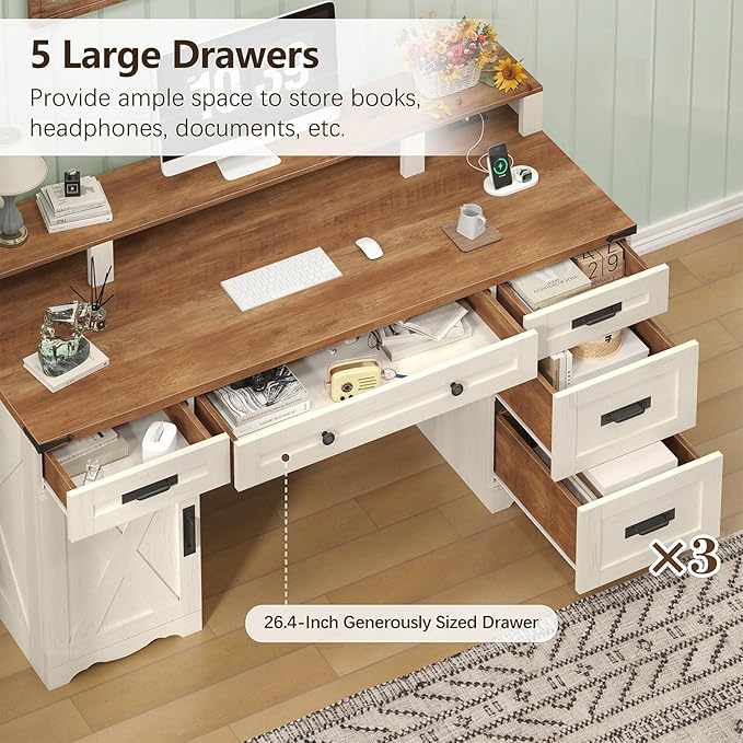 Farmhouse Executive Desk with Drawers &amp Storage Shelves 55 Computer Desk with Power Outlets Home Office Desk with Monitor Stand &amp File Drawers Writing Study Table Antique White