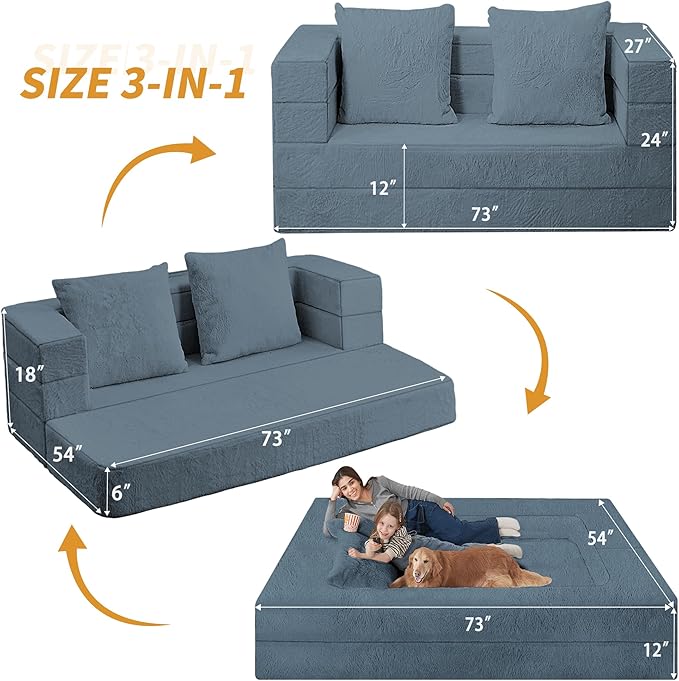 Futon Sofa Bed with Pillow 3-in-1 Sleeper Sofa Bed with Removable Cover Convertible Floor Sofa Bed No Assembly Boneless Couch for Living Room Bedroom