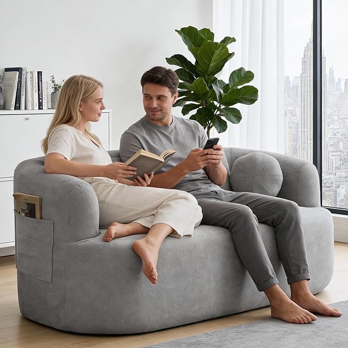 Loveseat Sofa 67.3 Boneless Curved Sofa Filling with Foam and Spring Chenille Small Love Seat for Small Spaces 4 Pillows and Side Pocket Living Room Apartment Bedroom No Assembly