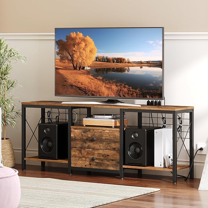 TV Stand with Power Outlet Up to 60 Inch Entertainment Center with 2 Fabric Drawers TV Console Table with Open Storage Shelves for TVs Cable Management for Living Room Bedroom DS14UBRY1