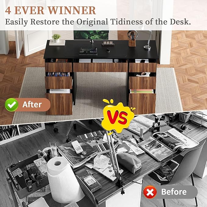 4 EVER WINNER Black Desk with Drawers 58 Executive Office Desk with 7 Drawers and Hidden Handle Computer Desk with File Cabinets for Living Room Study Table for Bedroom Black
