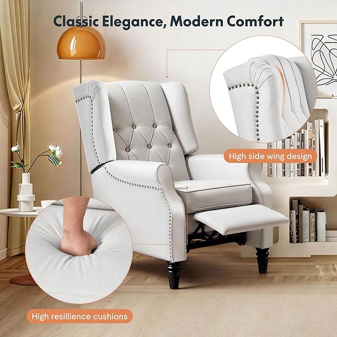 Softa Recliner Chair for Adults Mid Century Wingback Pushback Accent Chair with Rivet Decoration Tufted Upholstered Single Sofa Armchair for Living Room Bedroom Study (Fabric White)