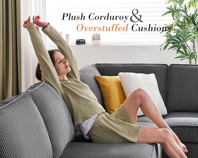 PaPaJet U Shaped Couch 112 Inch Oversized Couch with Storage Chaise Sectional Sofa with Cup Holders &amp 2 USB Ports Corduroy Grey Sofa
