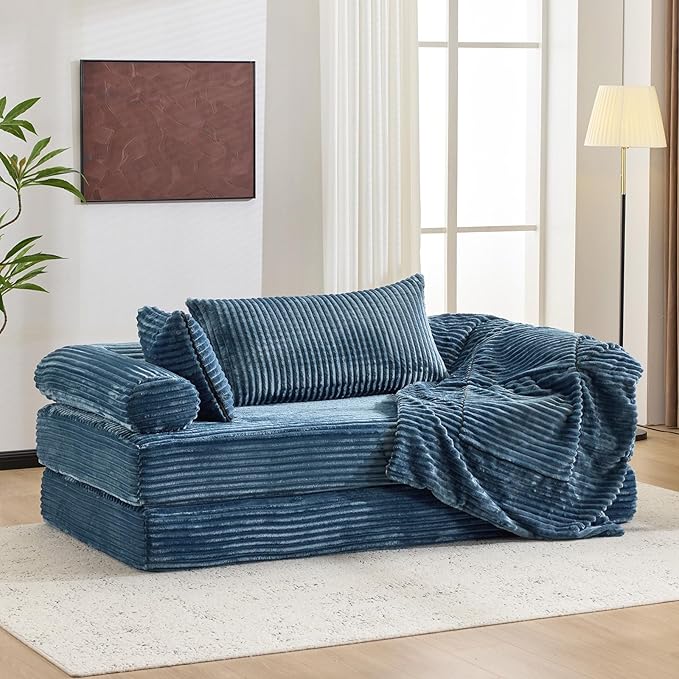VINGLI Convertible Futon Sofa Bed Upholstered Corduroy Boneless Couch King Size Floor Loveseat Sleeper Sofa with 2-in-1 Throw Pillow Couches for Living Room Bedroom Lounge Navy Blue