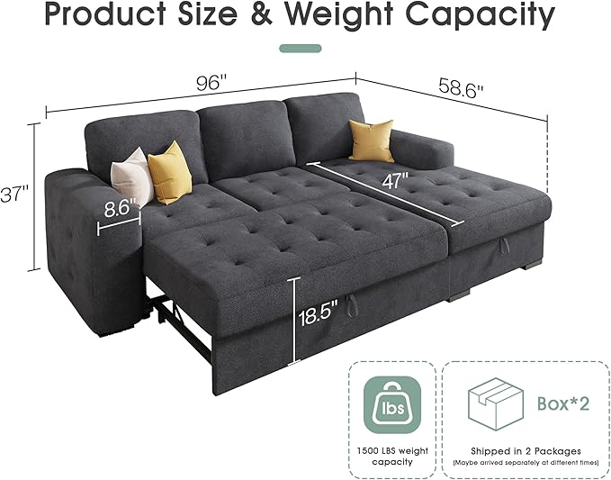 VanAcc 96 Sleeper Sofa Sofa Bed Couch with Storage Chaise Sleeper Couch with Pull Out Bed for Living Room(Grey)